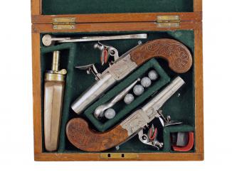 A Cased Pair of Silver Inlaid Pocket Pistols 
