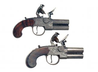A Crisp Pair of Cased Tap Action Pistols