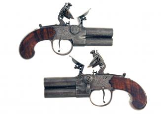 A Crisp Pair of Cased Tap Action Pistols