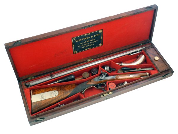 A Cased Presentation Rifle by Mortimer