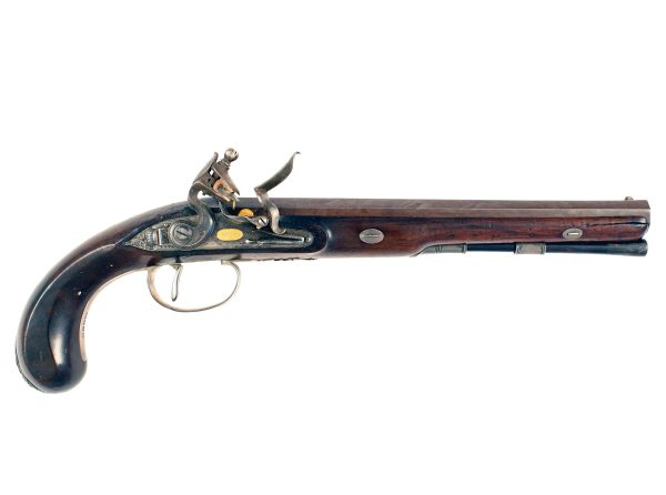 A Silver Mounted Flintlock Duelling Pistol by Wogdon