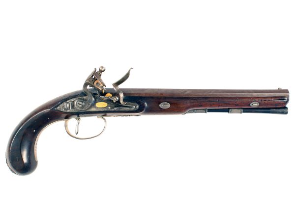 A Silver Mounted Flintlock Duelling Pistol by Wogdon