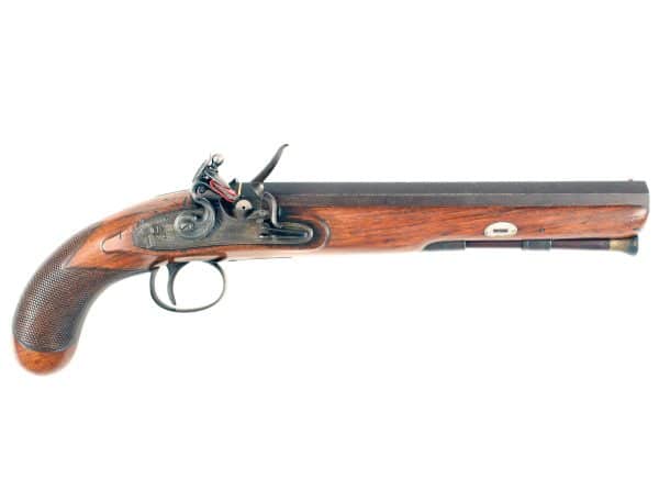A 10-Bore Flintlock Officers Pistol by Mace