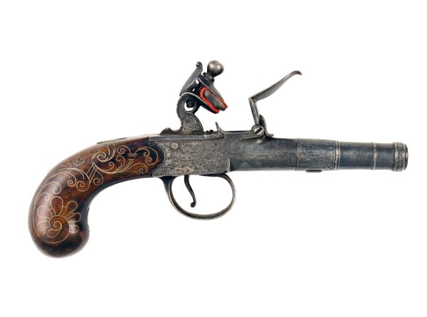 A Silver Inlaid Flintlock Cannon Barrel Pistol