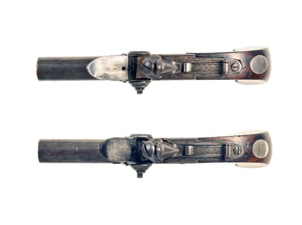 A Crisp Pair of Cased Tap Action Pistols - Image 3