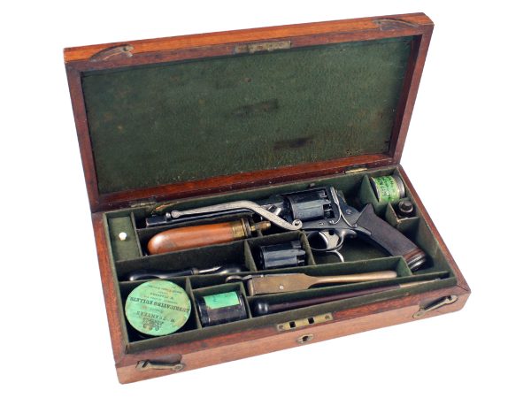 A Cased 54 Bore Percussion Tranter Patent Five Shot Revolver with Spare Cylinder.