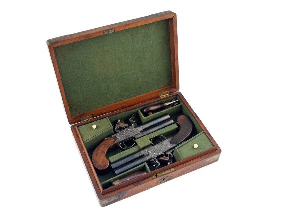 A Cased Pair of Tap Action Pistols