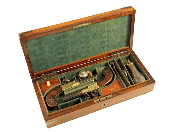 A Cased Pair of Box Lock Pistols by Bird and Co