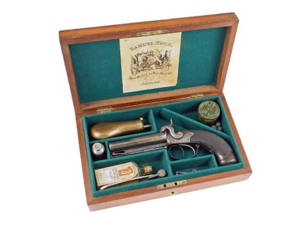 A Cased 40-Bore Percussion D.B. Box-Lock Travelling Pistol by Samuel Nock.