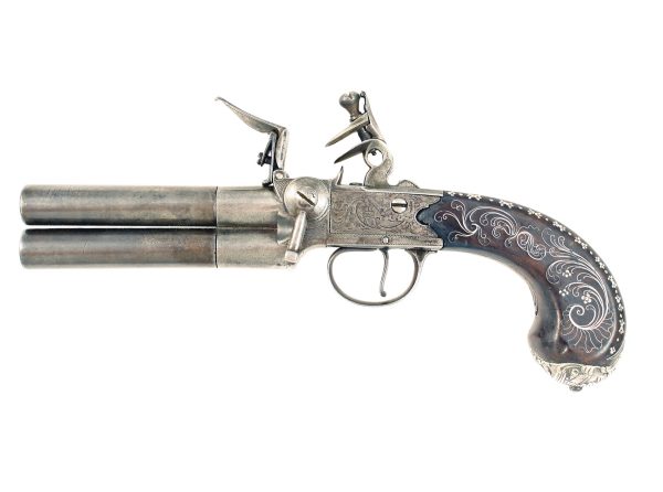 A Silver Inlaid Tap Action Pistol.