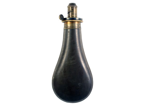A Good Planished Tin Powder Flask