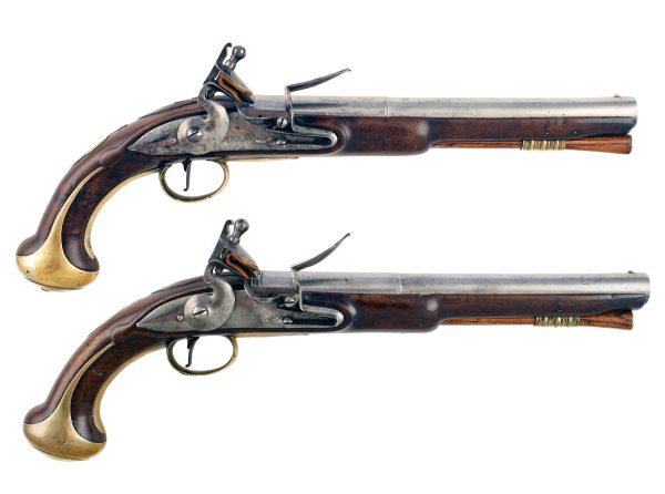 A Pair Of Flintlock Brass-Mounted Holster Pistols Of Carbine Bore By Barbar Of London.