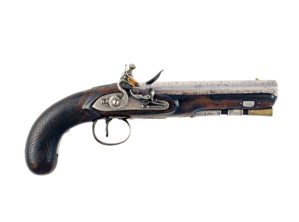 A Flintlock Overcoat Pistol by Mortimer & Son.
