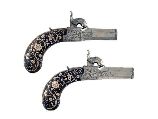 A Superb Pair of Silver Inlaid Pistols by J. Lang of London.