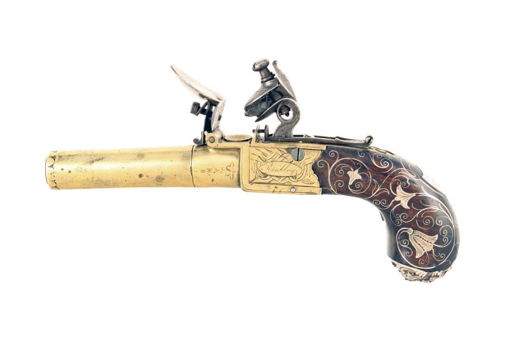A Silver inlaid Flintlock Pocket Pistol.