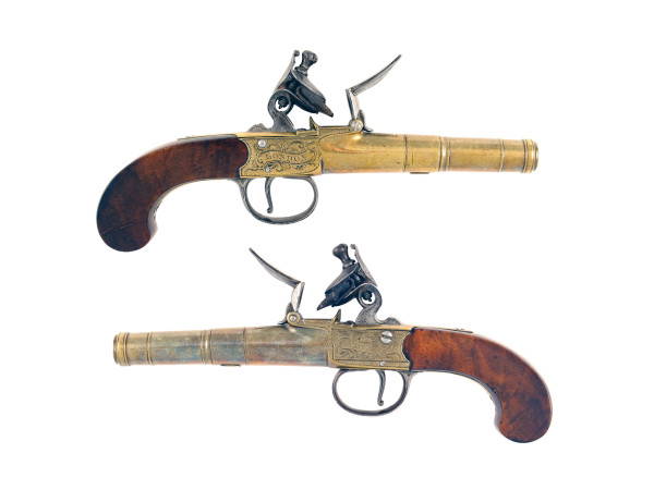 A Crisp Pair of Brass Cannon Barrelled Pistols by Rimes of London.