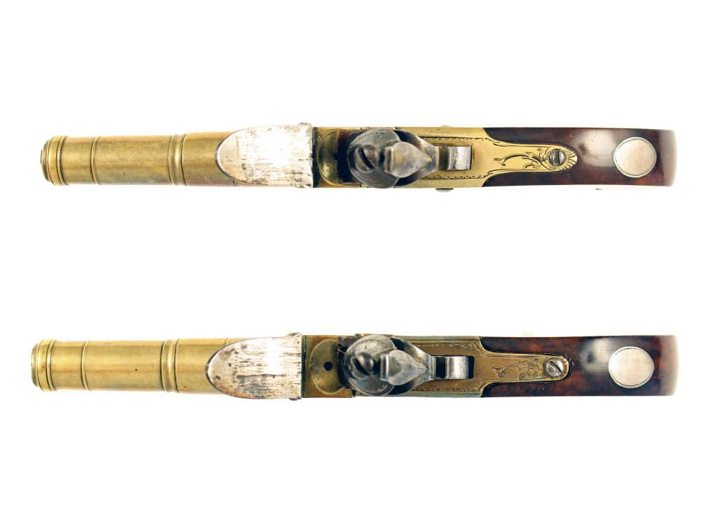 A Crisp Pair of Brass Cannon Barrelled Pistols by Rimes of London. - Image 3