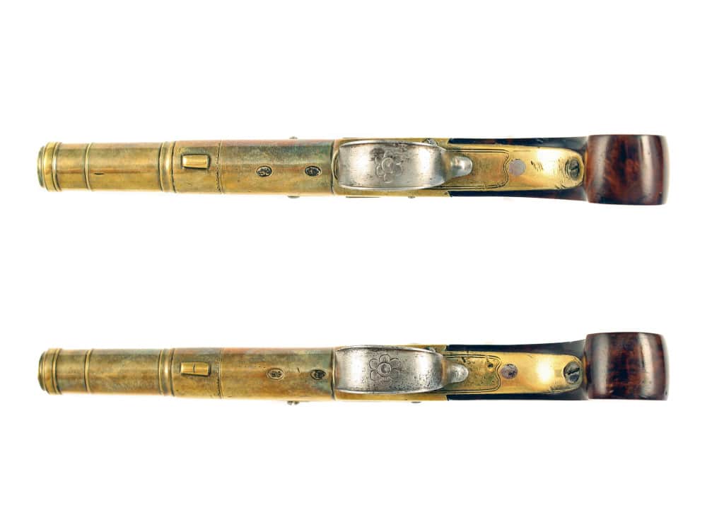 A Crisp Pair of Brass Cannon Barrelled Pistols by Rimes of London. - Image 4