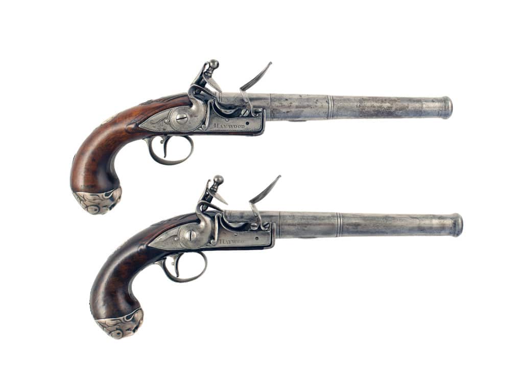 A Pair of Flintlock Queen Anne Pistols by Haywood.