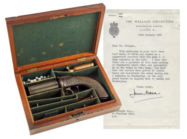 A Good Cased 50 Bore Six-Shot Pepperbox Revolver by Edge of Manchester.