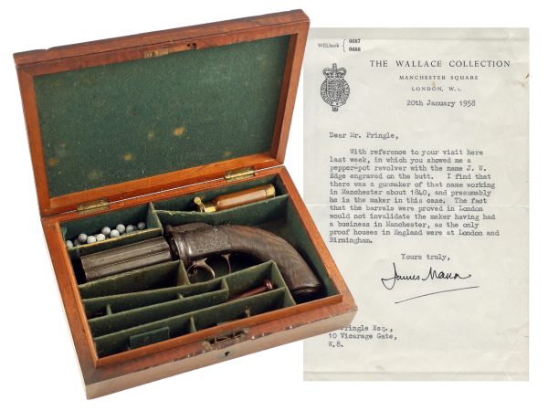 A Good Cased 50 Bore Six-Shot Pepperbox Revolver by Edge of Manchester.