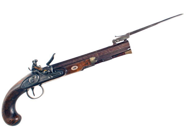 A Scarce Flintlock Officers Pistol with Sprung Bayonet by Wallis of Hull.