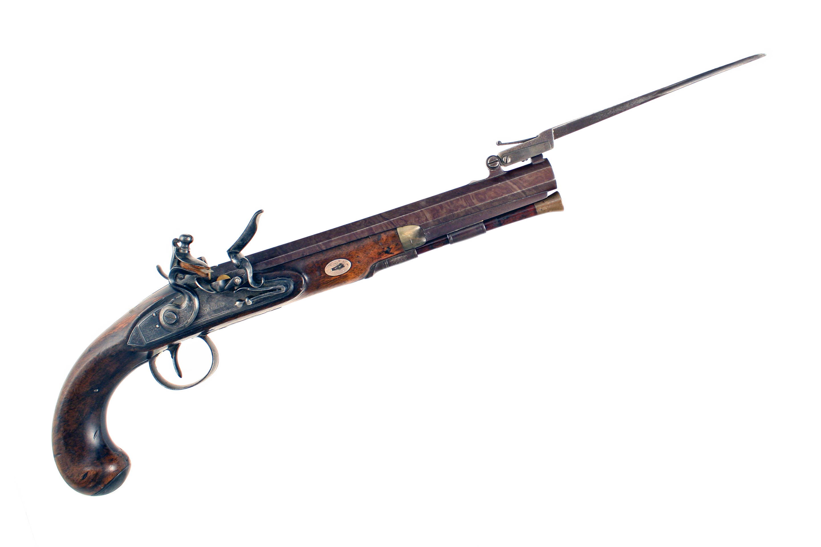 A Scarce Flintlock Officers Pistol with Sprung Bayonet by Wallis of Hull.