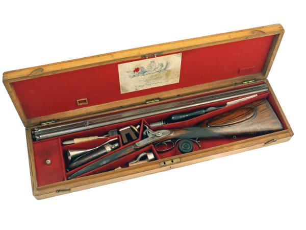 A Cased Percussion Purdey Rifle, No. 7018.