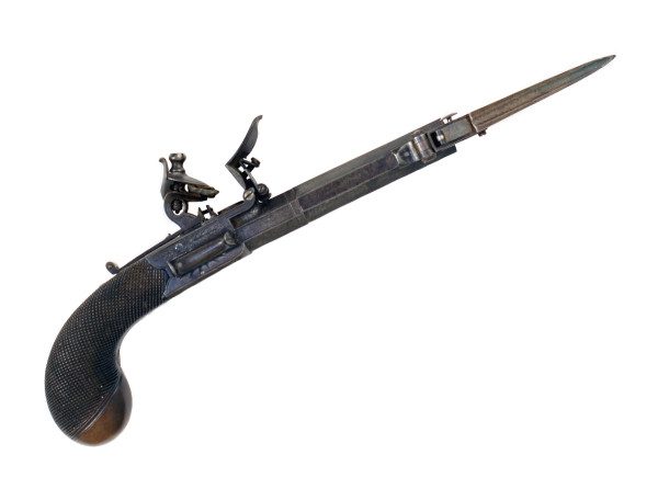 A Flintlock Pocket Pistol with Side Mounted Bayonet.