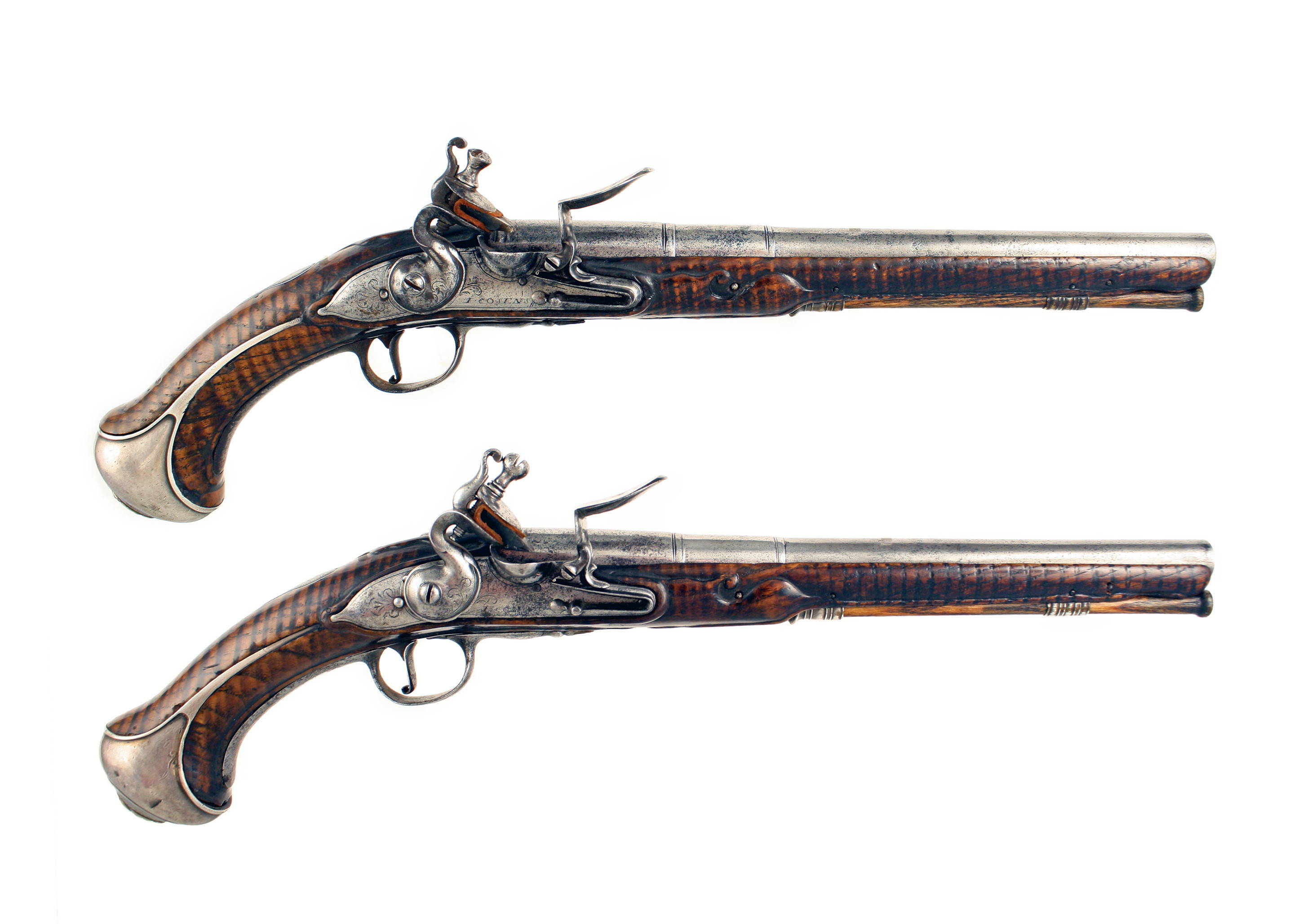 An Early Pair of Flintlock Holster Pistols by Cosens, 1680.