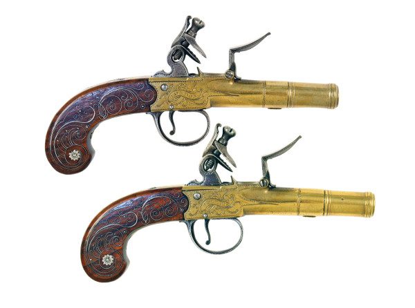 A Pretty Pair of Silver Inlaid Flintlock Pocket Pistols by Joyner.