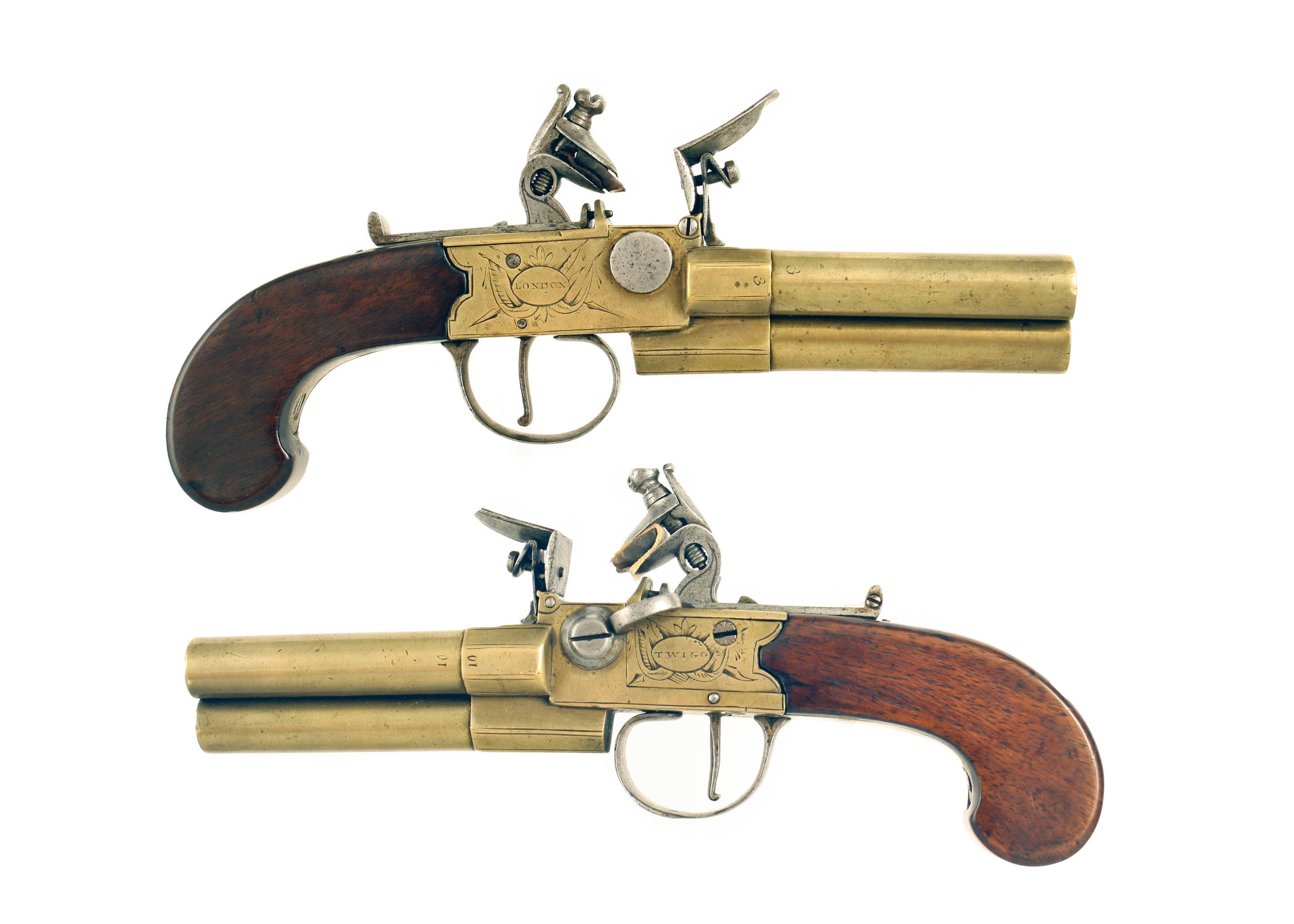 A Pair of 80 Bore Three Barrel Tap-Action Pistols by Twigg