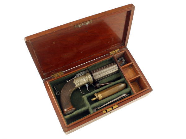 A Cased Pepperbox Revolver by Edge of Manchester.