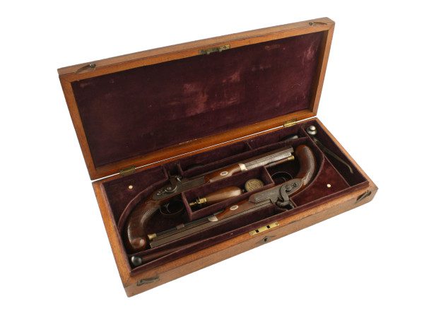 A Cased Pair of 38 Bore Percussion Officers Pistols by Shaw of Manchester.