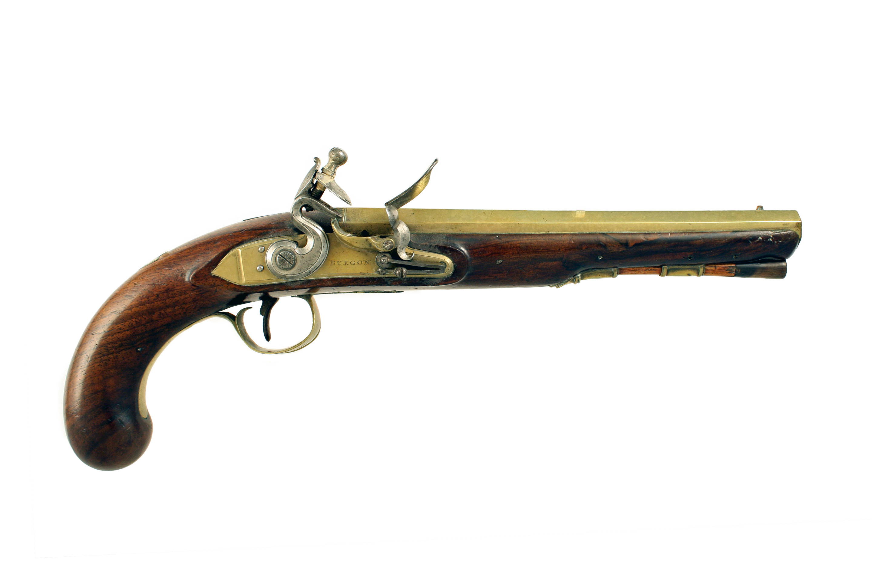 A Good Brass Barrel Flintlock Officers Pistol by Burgon.