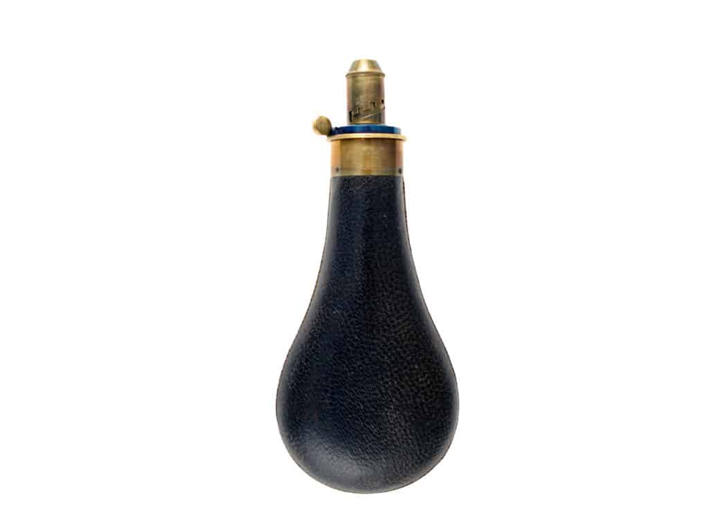 A Very Good Black Leather Powder Flask by Snider.