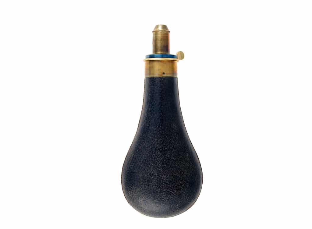 A Very Good Black Leather Powder Flask by Snider. - Image 2