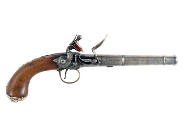 A 25-Bore Flintlock Silver-Mounted Turn-Off Pistol by Barbar, London, Circa 1745.