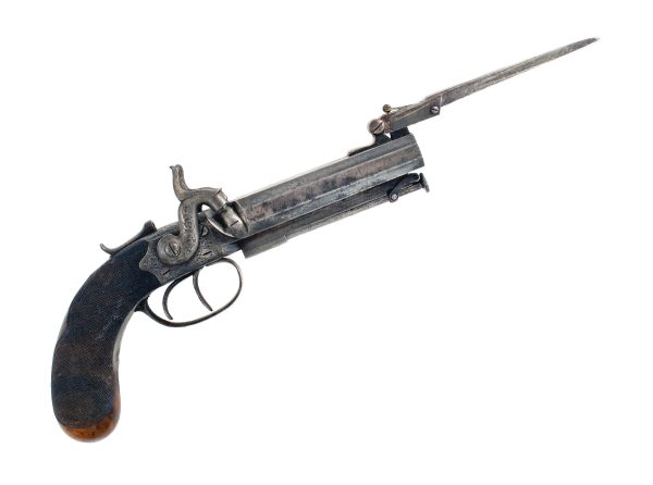 A 40-Bore Percussion D.B. Box-Lock Pistol With Spring Bayonet Signed Venables, Oxford.