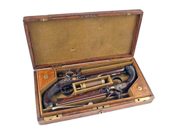 A Cased Pair of Flintlock Duelling Pistols by I. Wilkins of Grantham.