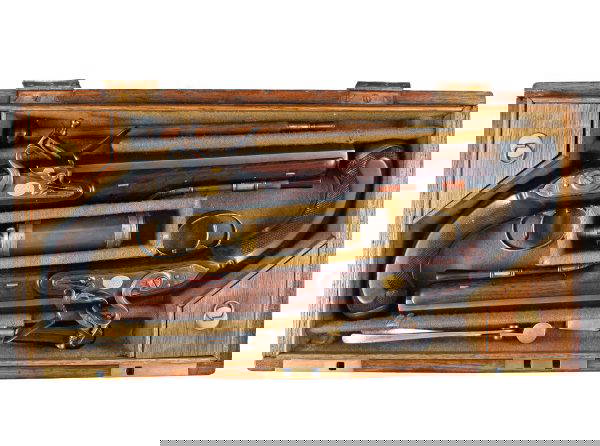 A Cased Pair of Flintlock Duelling Pistols by I. Wilkins of Grantham. - Image 5